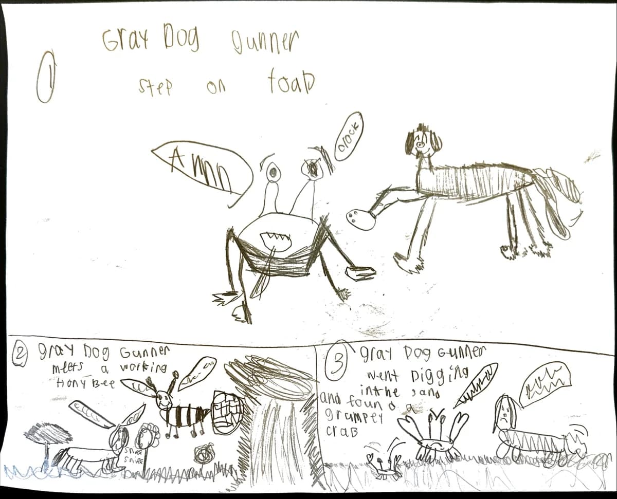 Original pencil drawings of Gunner and other critters, with handwritten story ideas.