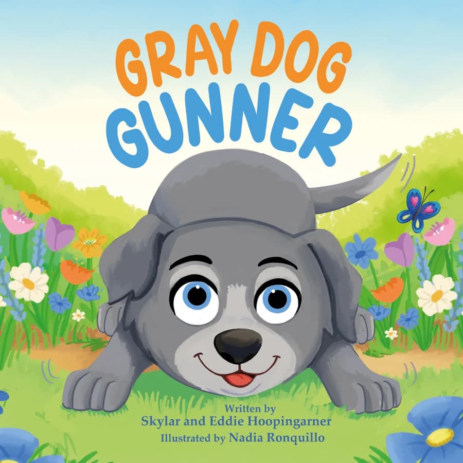 The finished cover of Gray Dog Gunner, showing Gunner among meadow flowers.