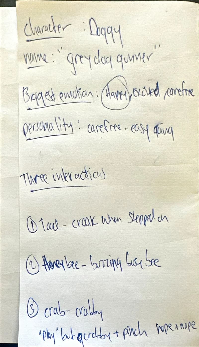 Original handwritten planning notes: Doggy, gray dog gunner; happy, excited, carefree; encounters with a toad, a busy bee and a crab.